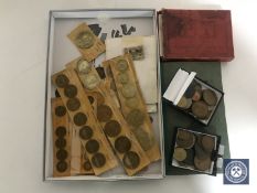 A box containing stamp album and stamps, loose stamps including penny reds,