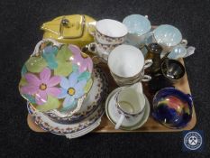 A tray containing Sadler racing car teapots, Crescent china tea service,
