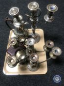 A tray of silver plated candelabra, table lighter, tankard,