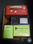A box of cased Ferguson reel to reel player, Compact 150 projector,
