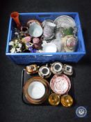 A box and a tray of part Japanese tea services, continental china, glass vases,