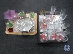 Two trays of miscellaneous coloured and clear glass wares.