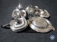 A tray of antique plated wares including muffin dish and cover, entree dish,