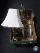 A box containing two Victorian glass two-way light fittings with glass drops,