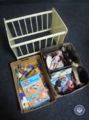 Two boxes of mid 20th century dolls and doll's clothing, Air Fix kit catalogues,