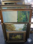 Six continental school gilt framed oils and a tapestry