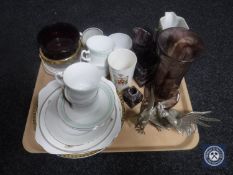 A tray of pair of plated cockerels, Ringtons water jug, commemorative china,