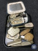 A tray containing box of costume jewellery, gilt and glass teardrop perfume bottle,