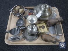 A tray containing Scottish Flying Club badge, plated wares,