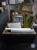 An antique box of assorted framed pictures and prints - oils on boards and watercolours plus a
