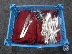 A box of set of plated fish knives and forks with silver collars in cloth bag,