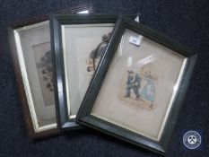 Three hand finished prints in watercolour depicting figures by 'Cynicus', all parts framed.