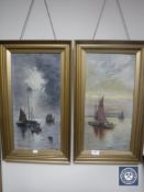 A pair of 20th century gilt framed oils, sailing boats, initialled J.H.
