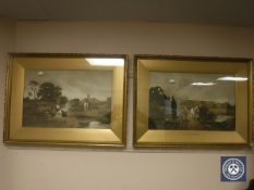 A pair of gilt framed antiquarian prints, A Chance Meeting and A Gypsy Encampment.