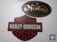 Two cast iron plaques - Norton and Harley Davidson CONDITION REPORT: Norton plaque