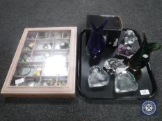 A tray of French crystal paperweights, owl and German shepherd, three glass figures,