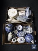 Two boxes containing a part antique dinner service, blue and white oriental pattern china,