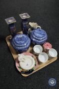 A tray containing two Ringtons Maling caddies, Maling preserve pot, Royal Worcester ramekins,