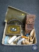 A box of brass trays and miniature brass easel, vintage tin of cake decorating tools,