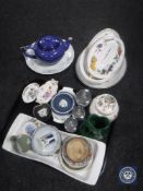 A tray of china including Wedgwood Jasperware, Royal Crown Derby dish, Royal Worcester egg coddlers,