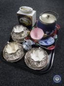 A tray of antique china trios, Wedgwood plated biscuit barrel, Royal Cauldron tea caddy,