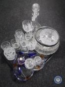 A tray of assorted glass ware, decanter, drinking glasses, bowls, Bohemia glass paperweight,