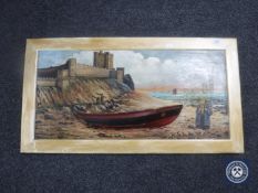 An oil painting on board, castle with boats beyond,