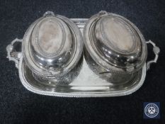 A plated twin handled serving tray,