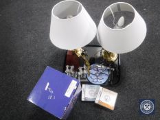 A tray of piano light, metronome, pair of plated candlesticks,