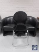 A pair of faux leather tub chairs and four stacking chairs
