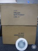 Two boxes containing six JCC white metal cased lighting down lights (12)
