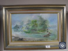 A gilt framed oil on canvas of a figure on a raft,