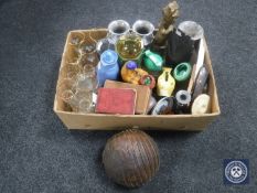 A box containing armadillo shell, plated vases, mid 20th century jug,