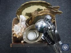 A box containing angle-poise lamp, pair of gilt ornate mirrors, shell, plated ice bucket,