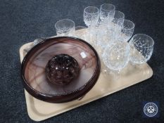 A tray of assorted lead crystal glasses, carnival glass bowl,