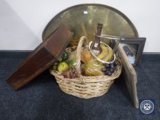 A large shaped brass etched tray, a painting on glass of a steam ship, wicker fruit basket,