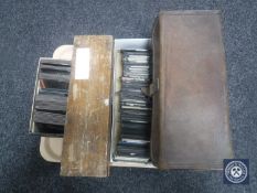 A tray of vintage leather case and three boxes of antique glass slides