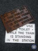 Two cast metal railway toilet notices