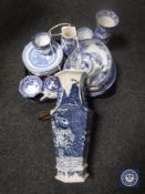 A tray of two Chinese teapots, blue and white porcelain,