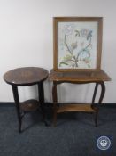 An oak framed tapestry fire screen together with a Victorian inlaid rosewood occasional table and a