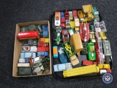 A box and tray containing mid 20th century and later play-worn die cast vehicles including a Dinky