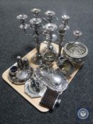 A tray of plated wares - candelabra, rose bowl, sugar helmet,