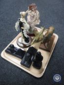 A tray of two contemporary Art Deco style figures, a brass figure of a horse on wooden stand,