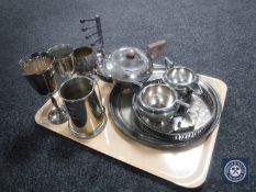 A tray of assorted plated ware - three piece Walker & Hall tea service, plated tray,