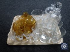 A tray of early 20th century five piece amber glass trinket set, whisky decanter,
