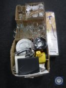 Three boxes of assorted dinner ware, electricals,