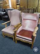 A pair of mid 20th century blonde oak framed armchairs