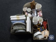 Three boxes of china, boxed and unboxed plates, Wade whisky jug, teapots,