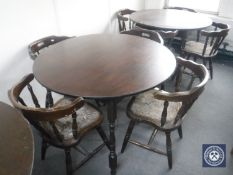 Three circular bar tables and eight tapestry upholstered elbow chairs