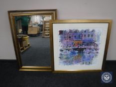 A gilt framed contemporary print of a harbour scene,